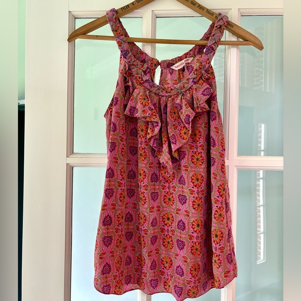 100% Silk Rebecca Taylor Boho Floral Pink Orange Flowy Sleeveless Top | size 0
